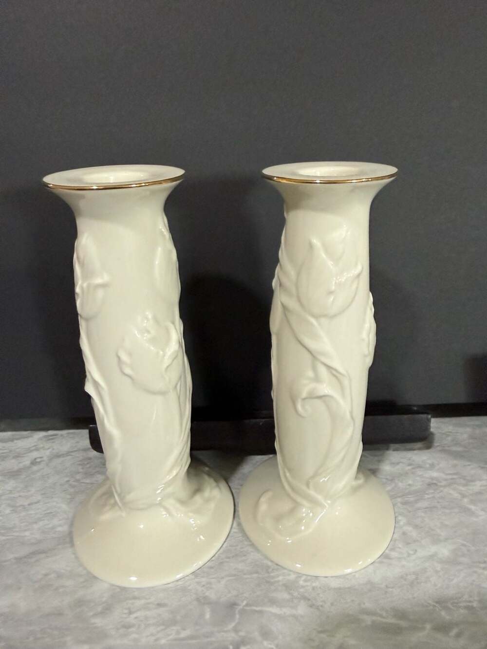 Lenox Ivory Porcelain 7 Inch Tulip Candlestick Holders with Gold Trim, Pair